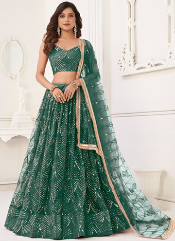 Soft Net Thread Embroidery Work Mehendi Function Green Lehenga Choli